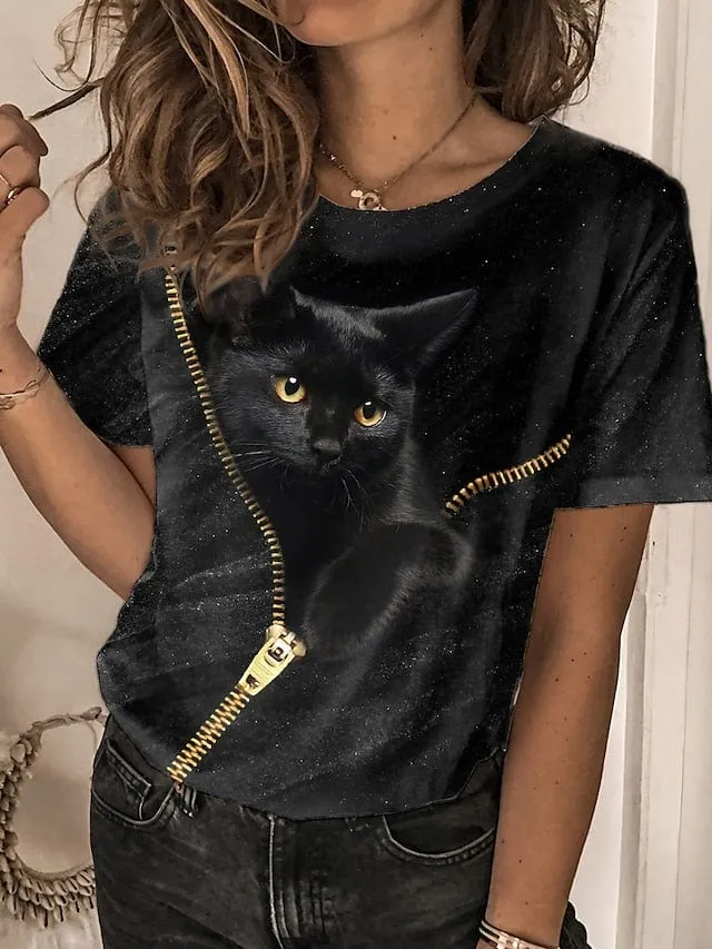 3D Cat Print Women's Short Sleeve T-Shirt with Gold Print - Buy Now