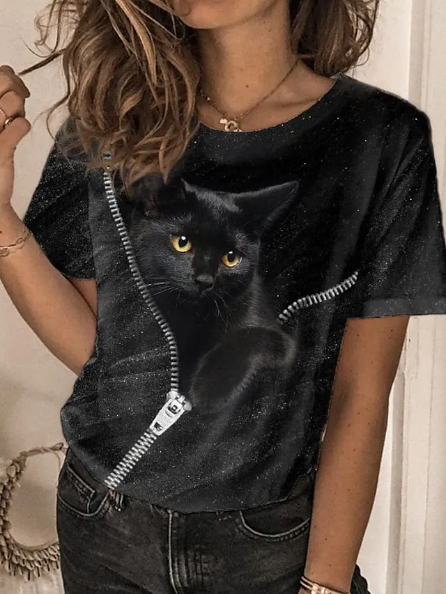 3D Cat Print Women's Short Sleeve T-Shirt with Gold Print - Buy Now