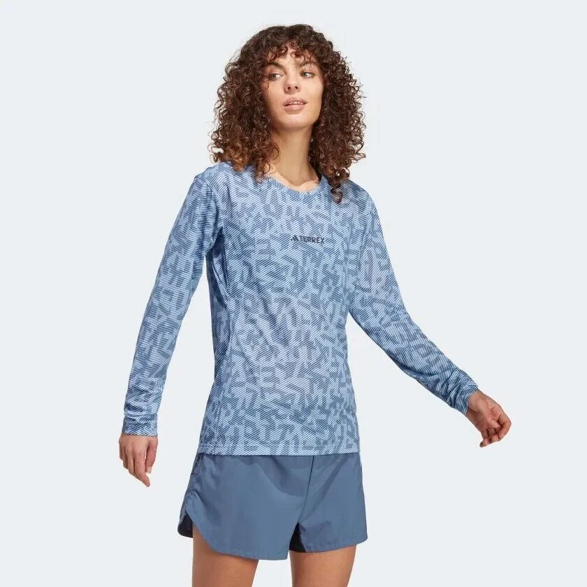 adidas Terrex Women's Long Sleeve Trail Running T-shirt - Lightweight and Blue.