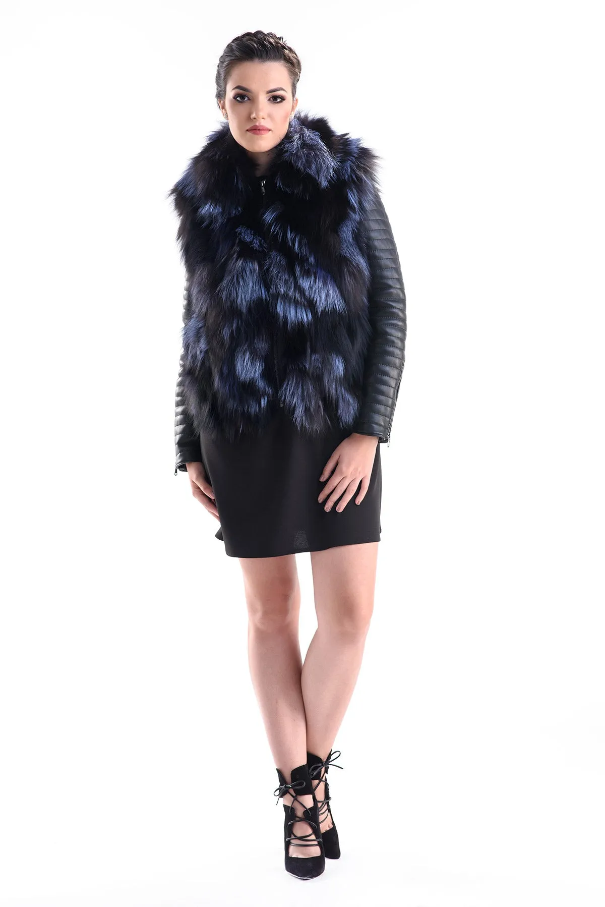 Arctic Fox Fur Lamb Nappa Leather Jacket - Blue