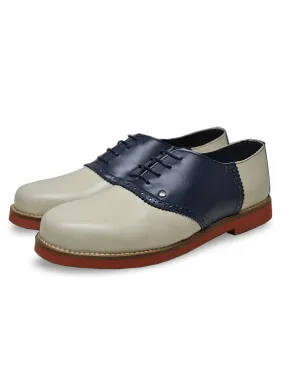 Beige And Blue Round Toe Grained Leather Bowling Shoes