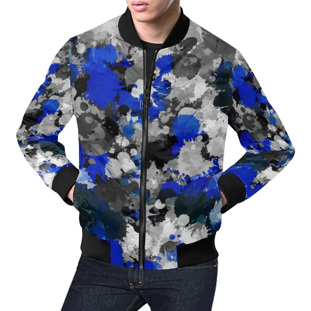 Blue and Grey Paint Splatter Bomber Jacket for Big & Tall Sizes