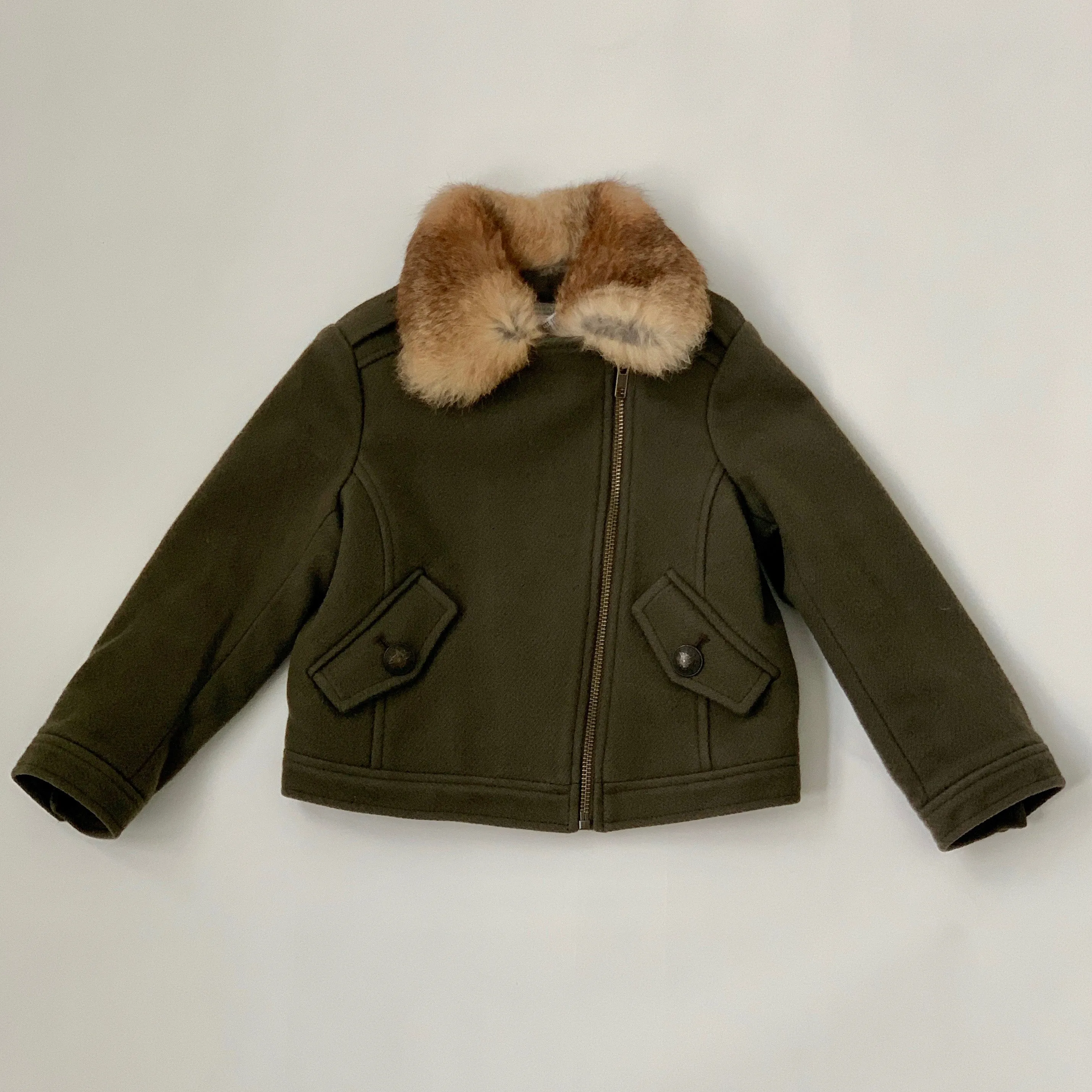 Bonpoint Green Wool Jacket With Fur Collar: Size 4