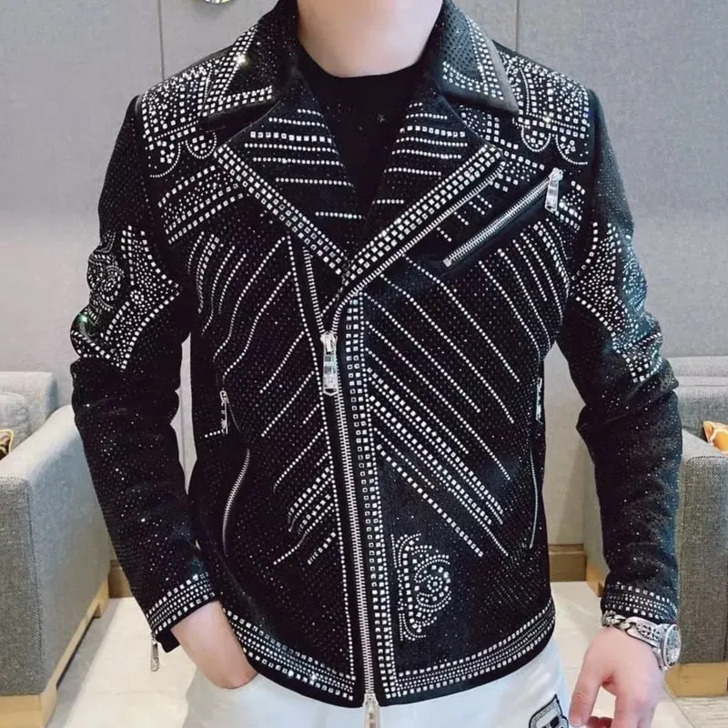 Casual Slim Bomber Jacket with Diamond Rhinestones for Men's Punk Style