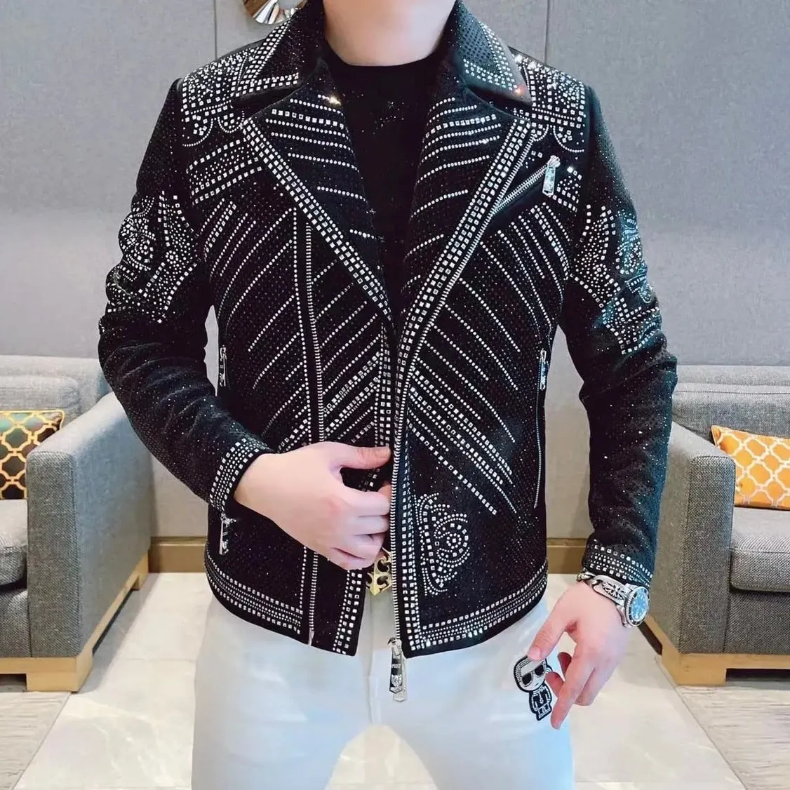 Casual Slim Bomber Jacket with Diamond Rhinestones for Men's Punk Style