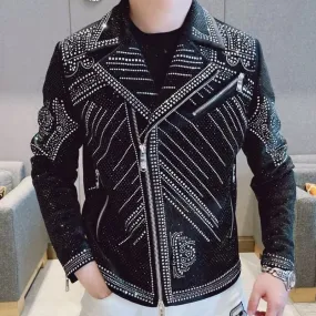 Casual Slim Bomber Jacket with Diamond Rhinestones for Men's Punk Style