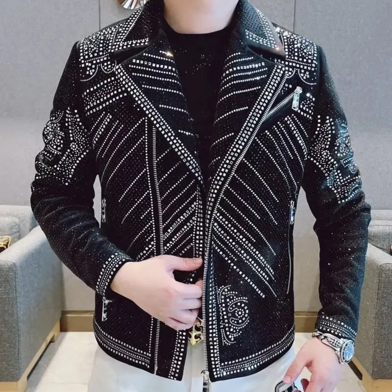 Casual Slim Bomber Jacket with Diamond Rhinestones for Men's Punk Style