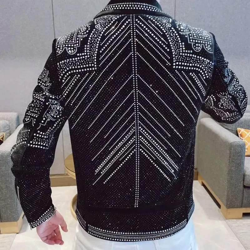 Casual Slim Bomber Jacket with Diamond Rhinestones for Men's Punk Style