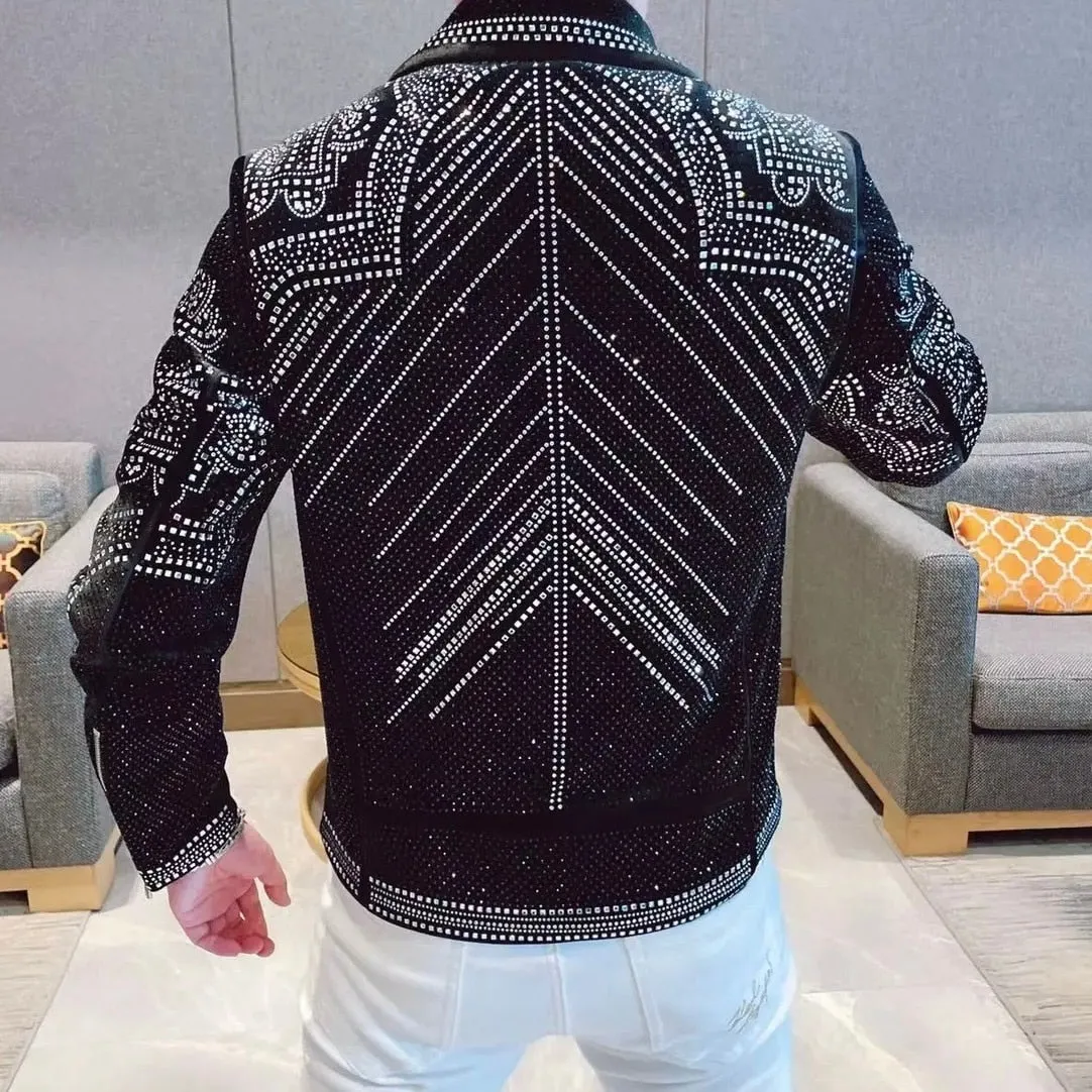 Casual Slim Bomber Jacket with Diamond Rhinestones for Men's Punk Style