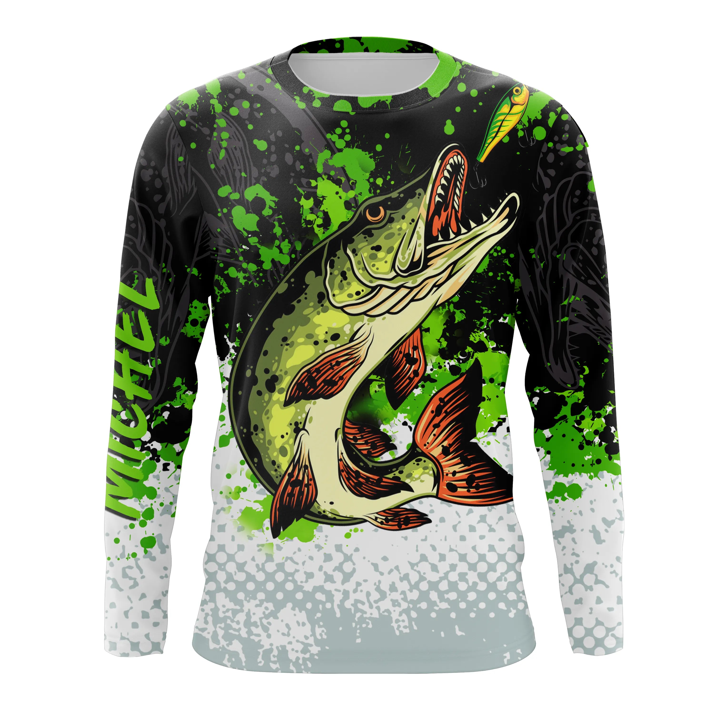 Customized Anti-UV Fishing Shirt for Pike Fishing, Green Black White, Ideal Gift for Angler - CT25072218