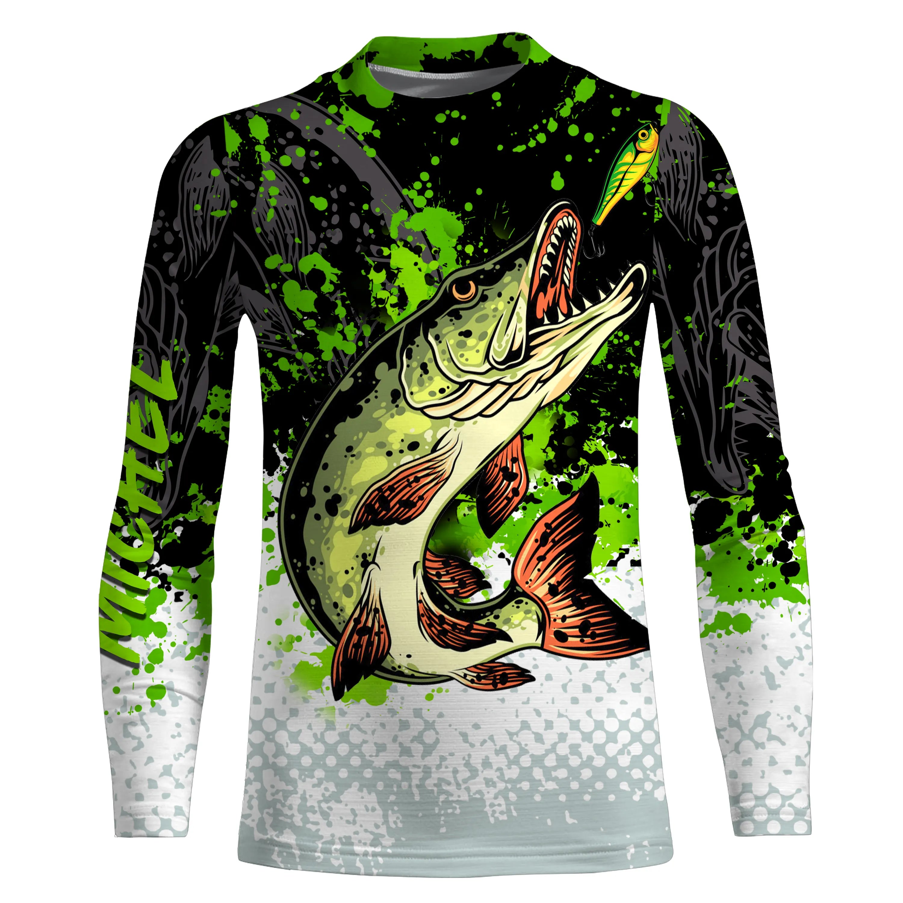 Customized Anti-UV Fishing Shirt for Pike Fishing, Green Black White, Ideal Gift for Angler - CT25072218