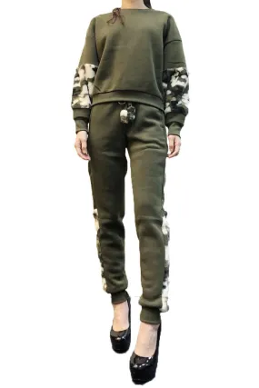 Cute Camo & Faux Fur Trim Jogger Set