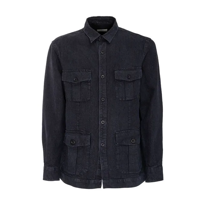 Dark blue linen safari shirt for men