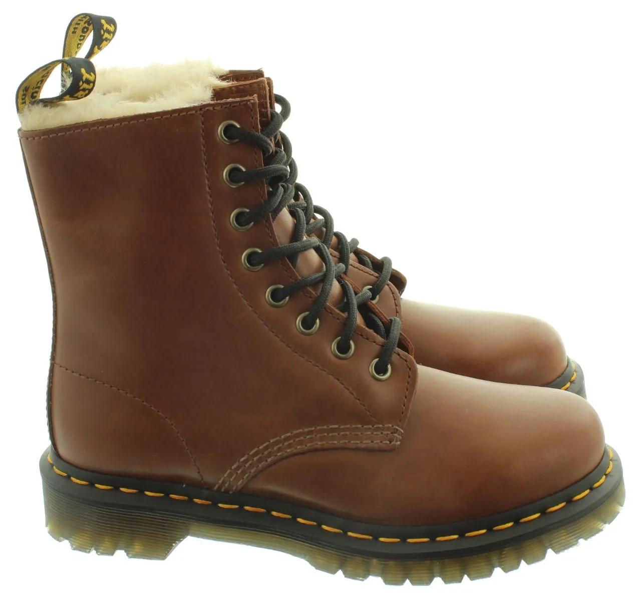 DR MARTENS Ladies 1460 Serena Faux Fur Ankle Boots In Tan