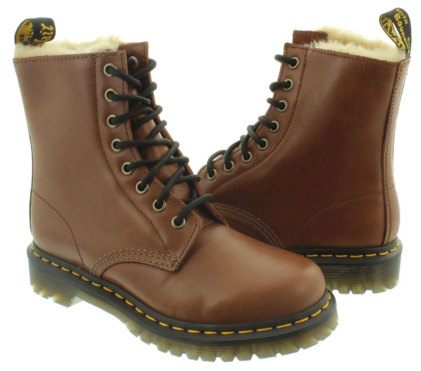 DR MARTENS Ladies 1460 Serena Faux Fur Ankle Boots In Tan