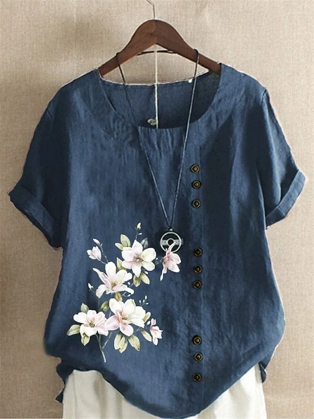 Floral Cotton Linen Women's Shirt - Navy Blue and Army Green