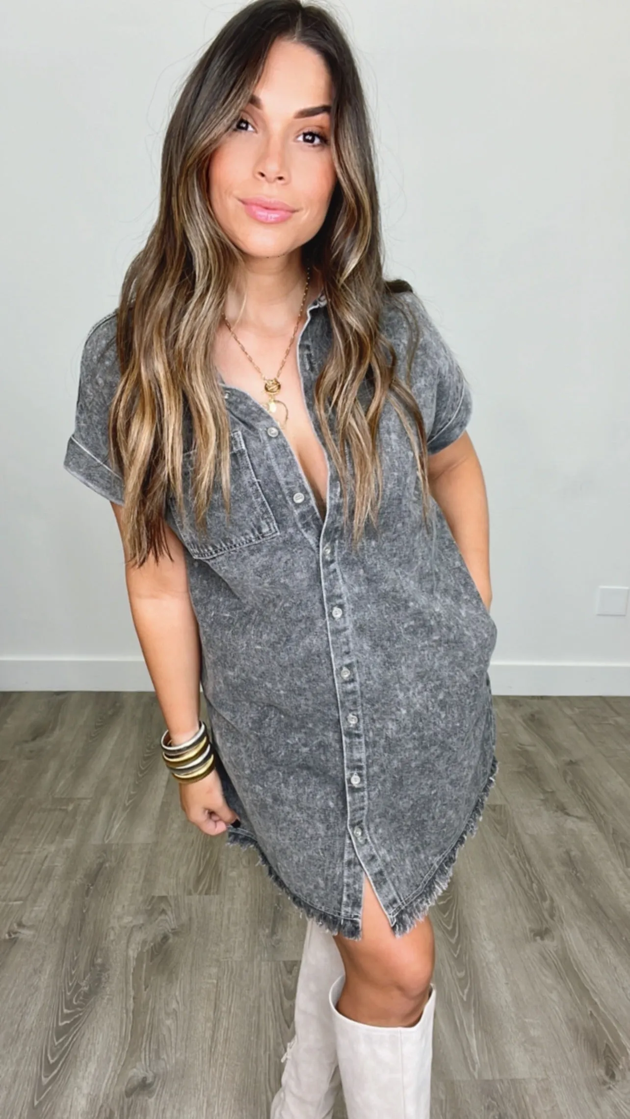 Frayed Black Denim Shirt Dress