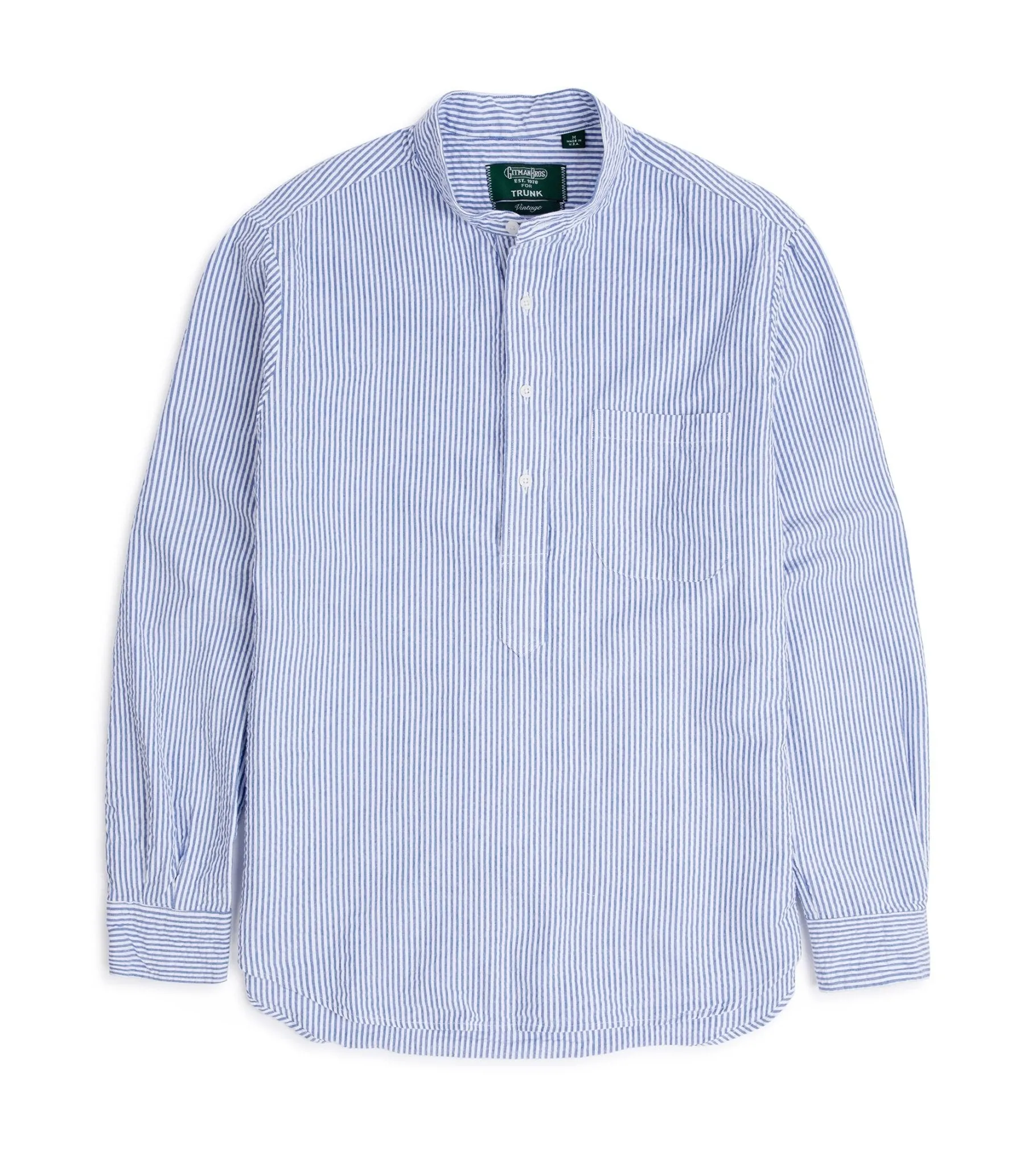 Gitman Vintage Seersucker Band Collar Popover Shirt: Blue/White