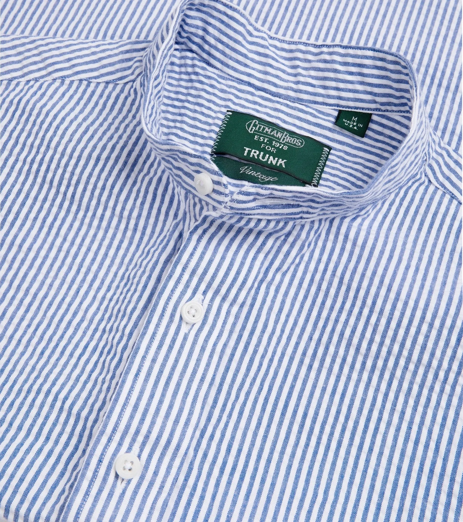 Gitman Vintage Seersucker Band Collar Popover Shirt: Blue/White