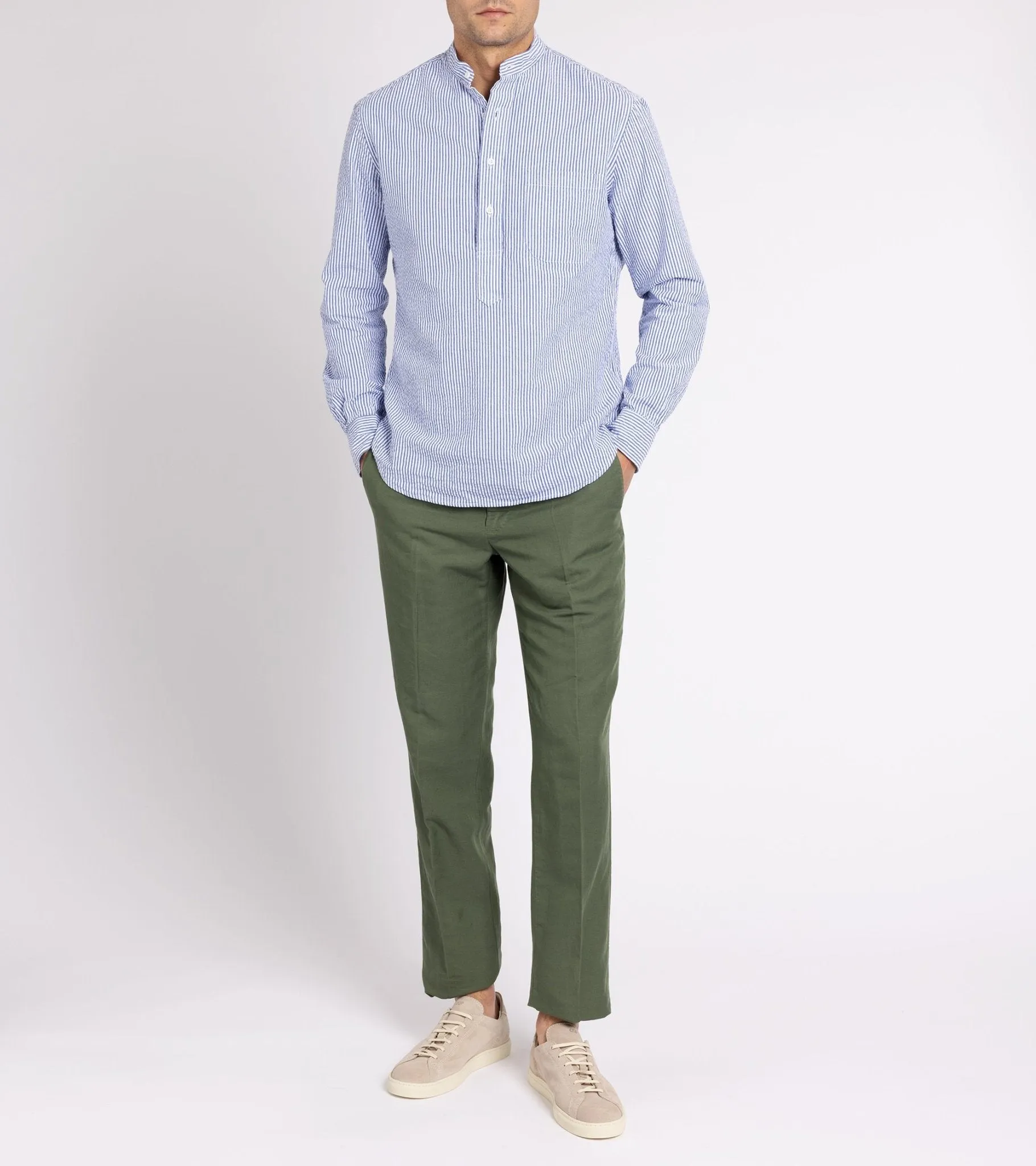 Gitman Vintage Seersucker Band Collar Popover Shirt: Blue/White