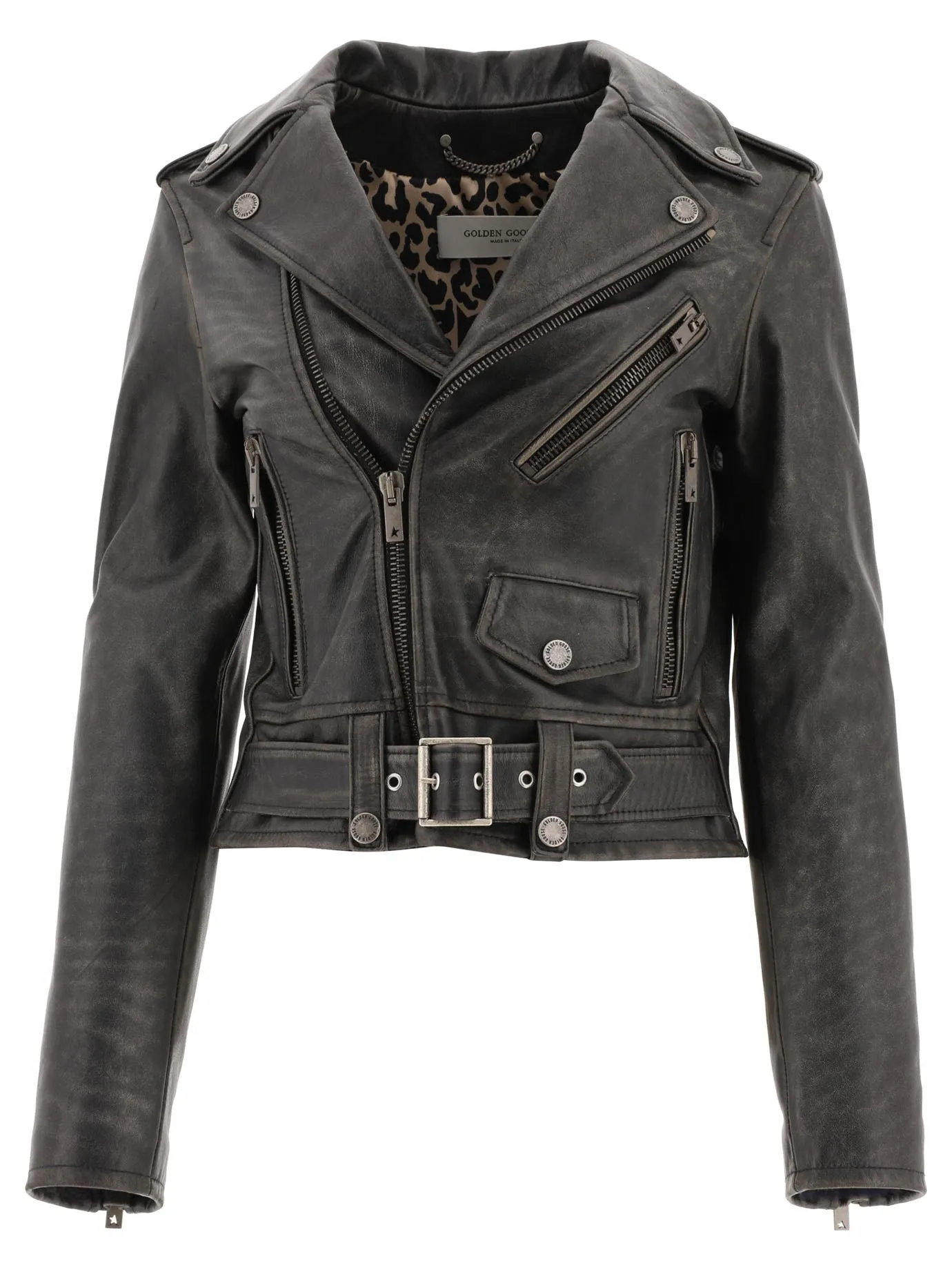 Golden Goose leather biker jacket with cracked effect