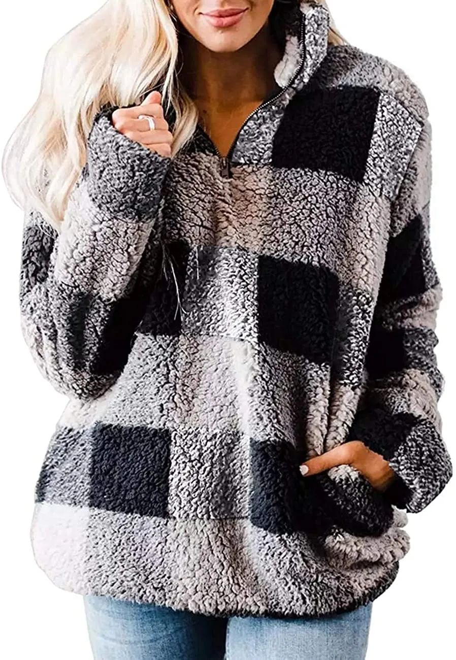 Haute Edition Buffalo Plaid Sherpa Sweatshirt for Women