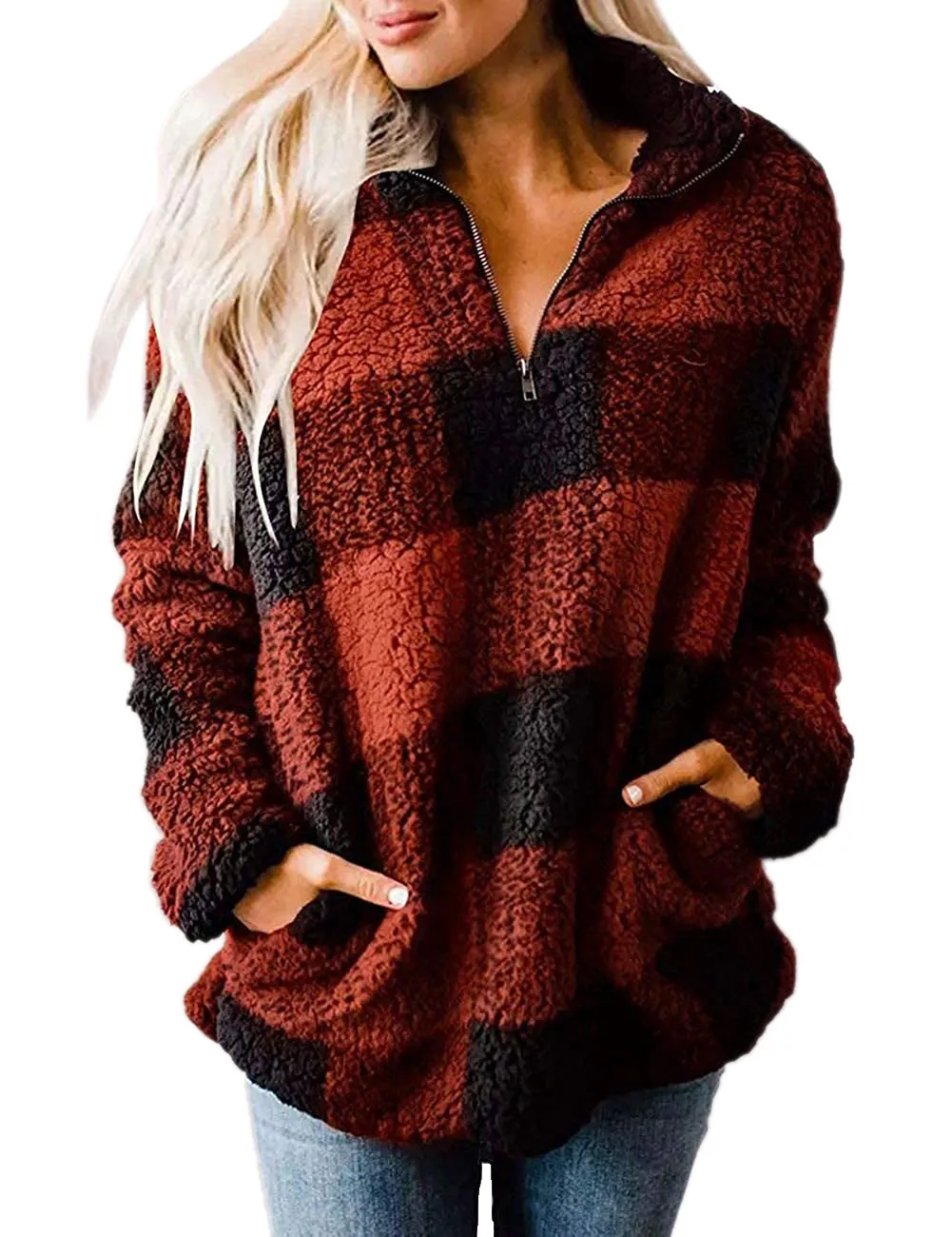 Haute Edition Buffalo Plaid Sherpa Sweatshirt for Women