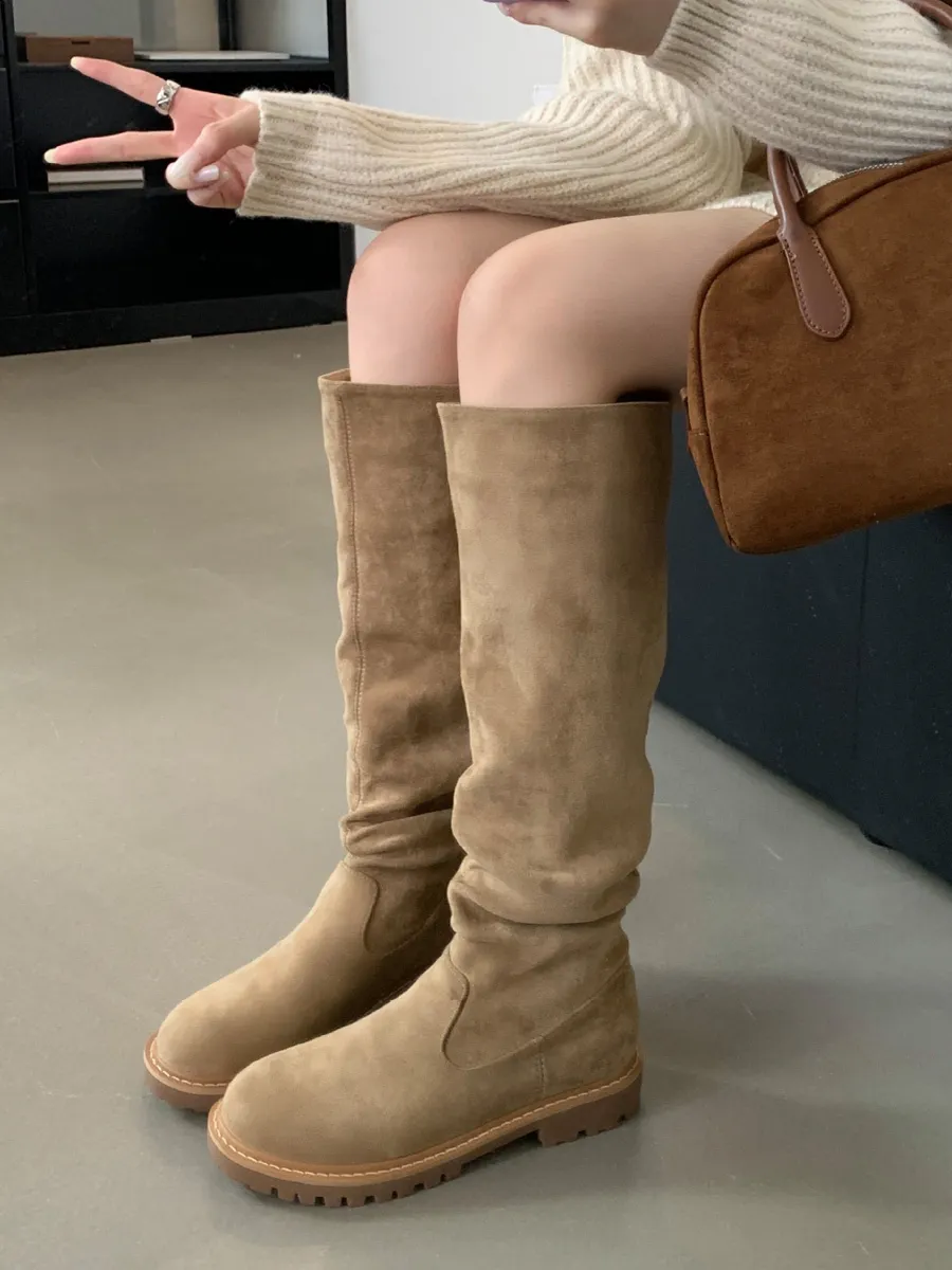 Knee Boots Women's Khaki Chic Flat Knee-High Boots