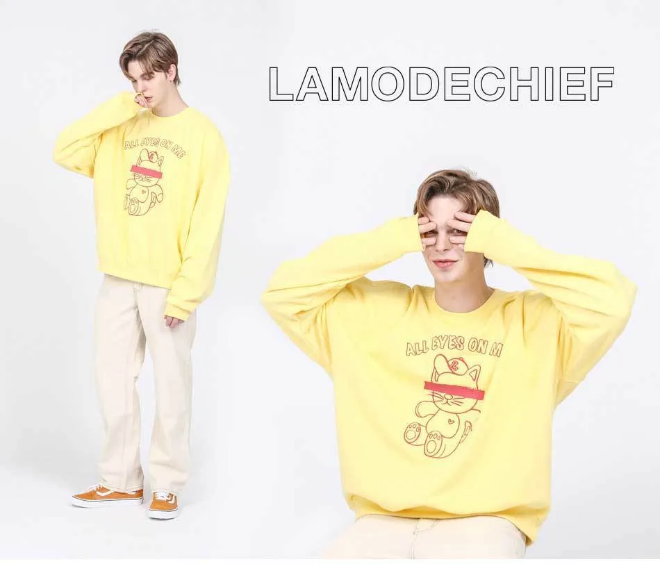 LAMODECHIEF Unisex Oversized Logo Crew Neck Long Sleeves Plain Cotton