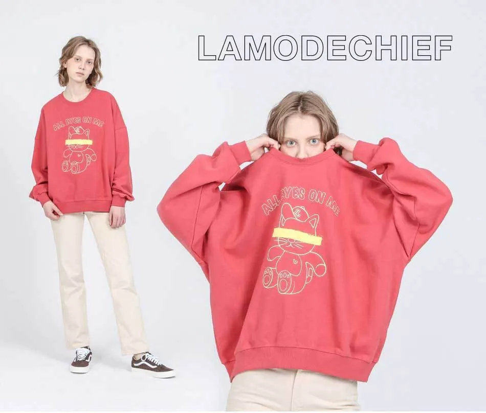 LAMODECHIEF Unisex Oversized Logo Crew Neck Long Sleeves Plain Cotton