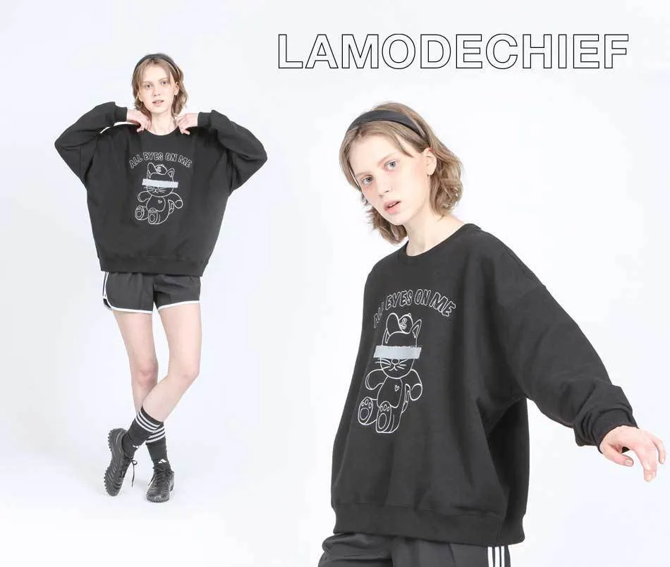 LAMODECHIEF Unisex Oversized Logo Crew Neck Long Sleeves Plain Cotton