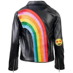 Lola + The Boys Happy Rainbow Vegan Leather Jacket, Black