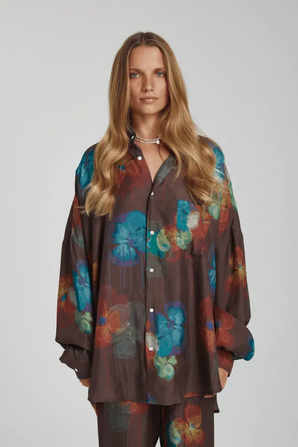 Long Sleeve Oversized Shirt - Pansy Drip