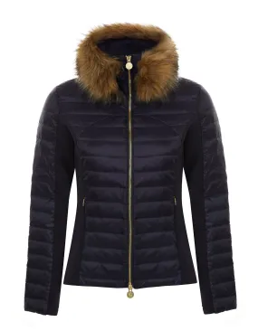 Navy Down Puffer Jacket with Faux Fur Collar