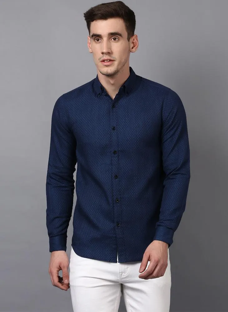 Navy Slim Fit Geometric Textured Shirt