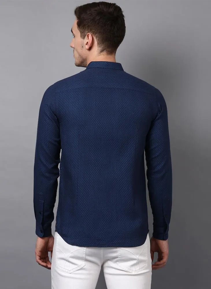 Navy Slim Fit Geometric Textured Shirt