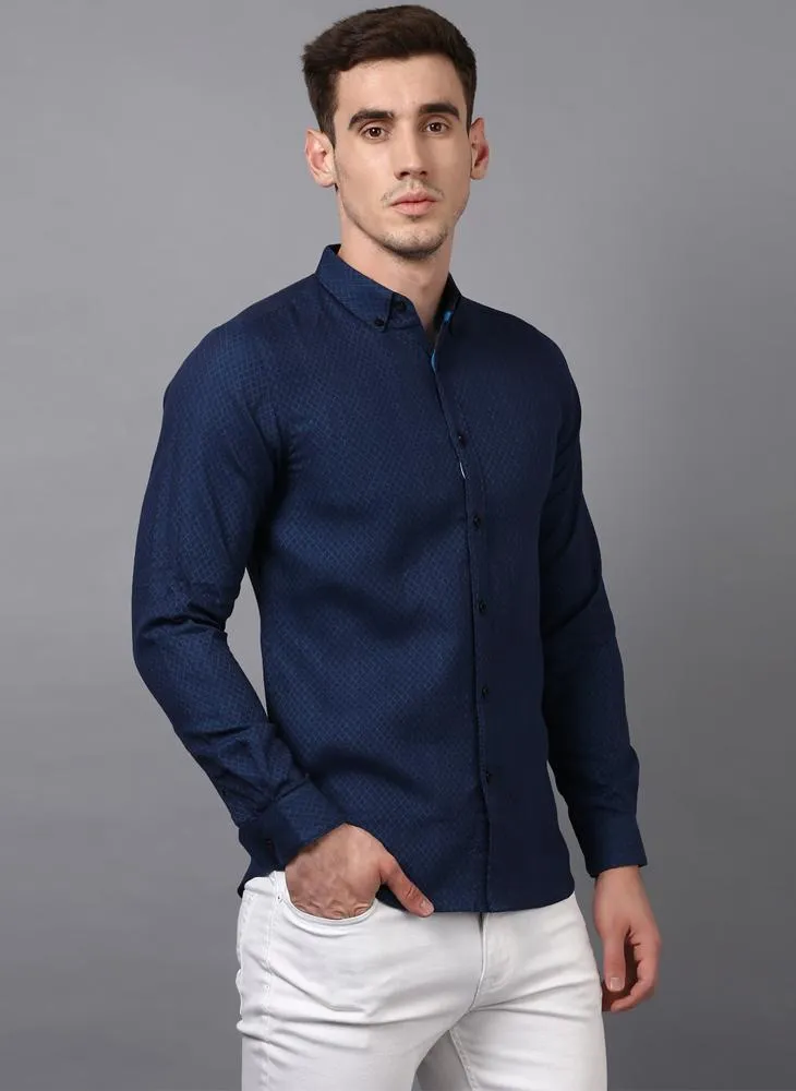 Navy Slim Fit Geometric Textured Shirt