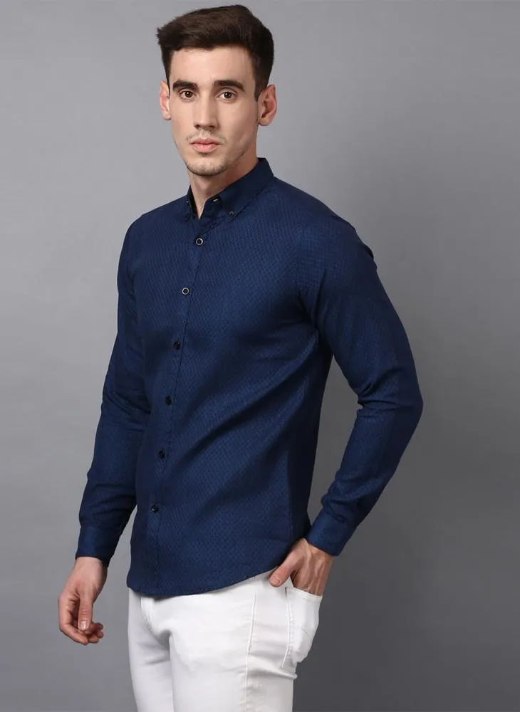 Navy Slim Fit Geometric Textured Shirt