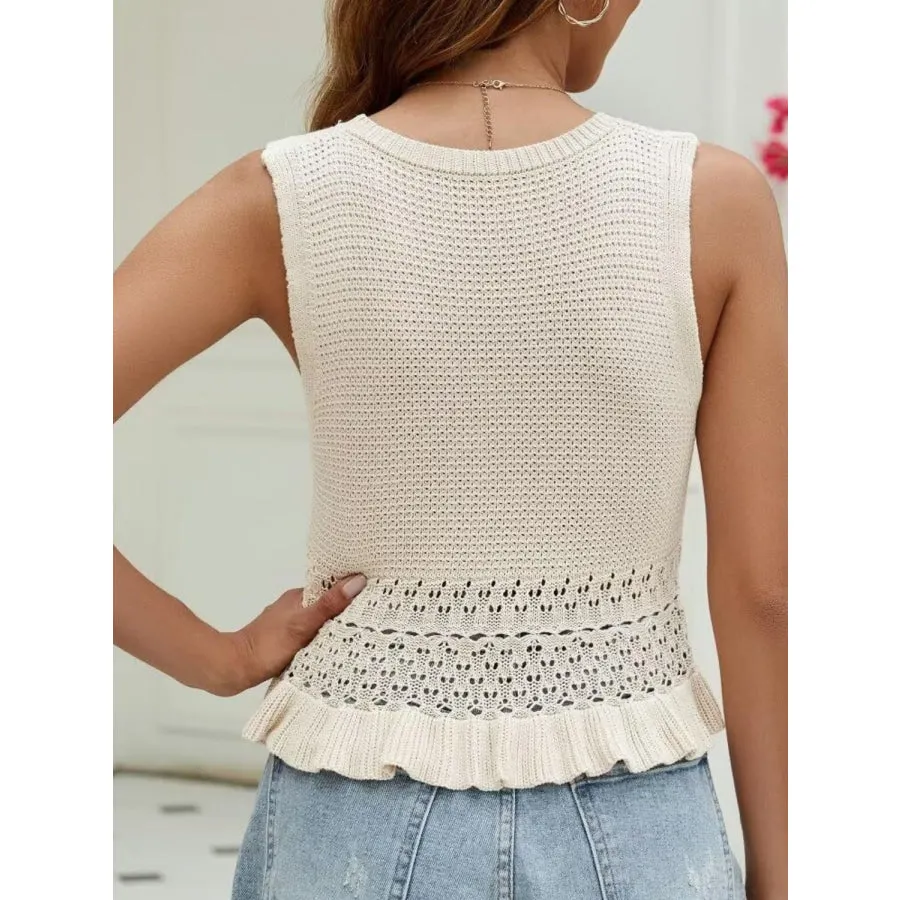 Openwork Round Neck Sweater Vest