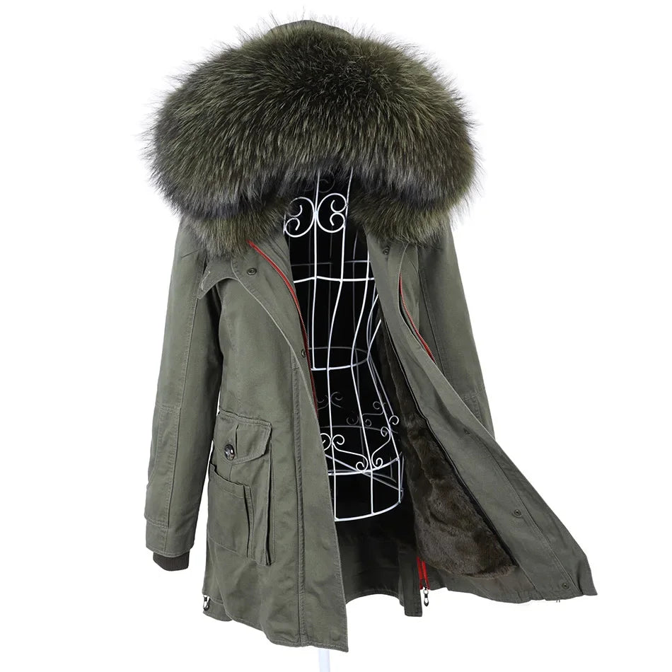 Winter jacket with removable real raccoon fur collar for women