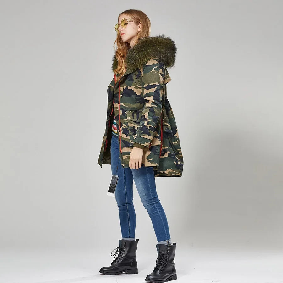 Winter jacket with removable real raccoon fur collar for women