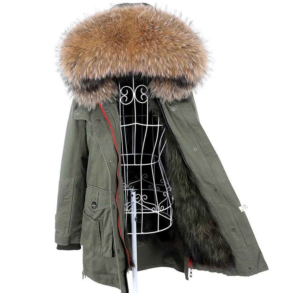 Winter jacket with removable real raccoon fur collar for women