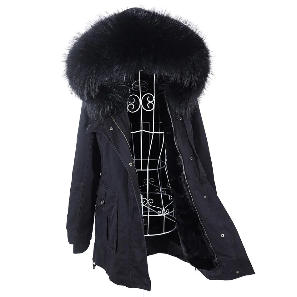 Winter jacket with removable real raccoon fur collar for women