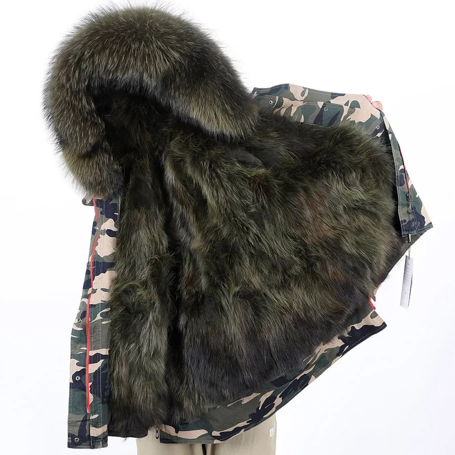 Winter jacket with removable real raccoon fur collar for women