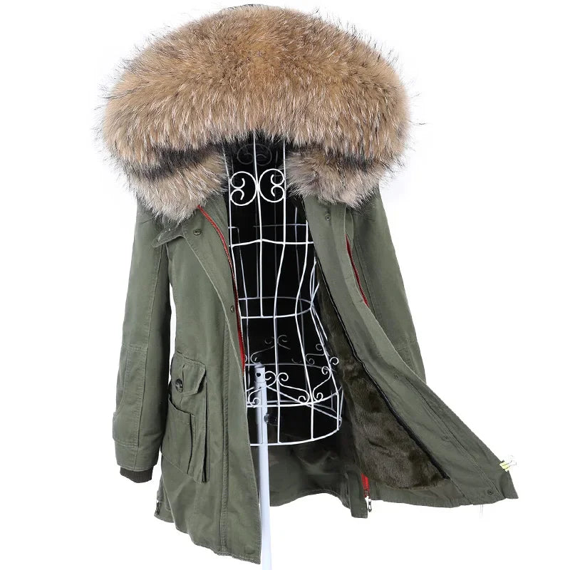 Winter jacket with removable real raccoon fur collar for women