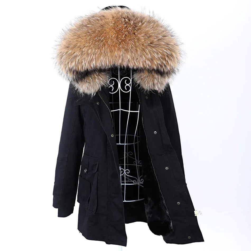 Winter jacket with removable real raccoon fur collar for women