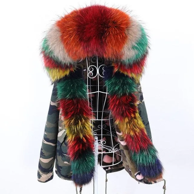 Women's Multicolor Raccoon Fur Collar Camo Winter Jacket